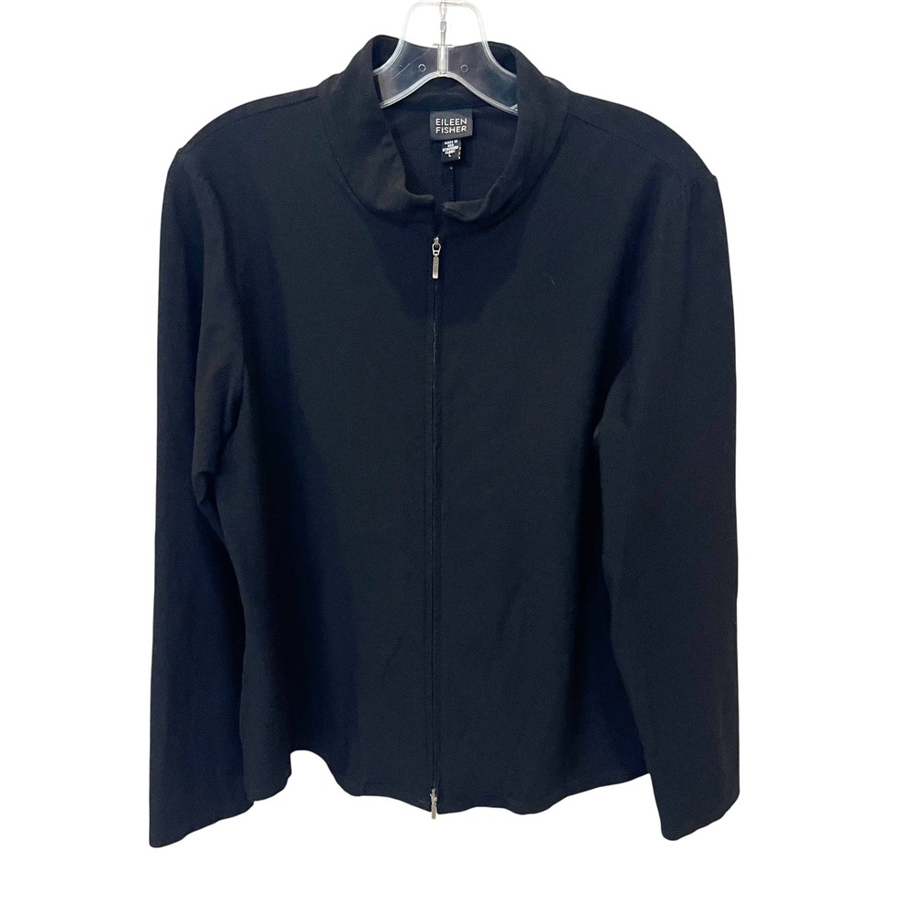 Eileen Fisher Womens Large Black Viscose Stretch Mock Neck Full Zip Jacket Chic